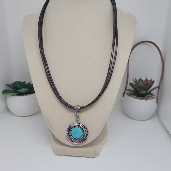 15" (3) Strand Distressed Leather Necklace with Turquoise Pendant & Toggle Clasp - Picture 2 of 6